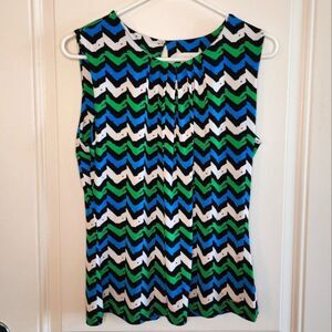 Calvin Klein Sleeveless Pleat-Neck Top, L, Green, Blue & Black